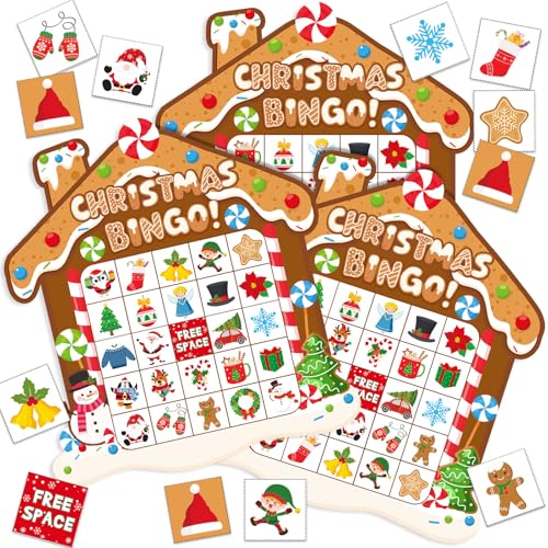 Blosssound Christmas Gingerbread Bingo Game – 24 Players Holiday Bingo Cards with Gingerbread House Theme, Winter Party Game for Family Classroom Activities Christmas Party Favors - style: Gingerbread