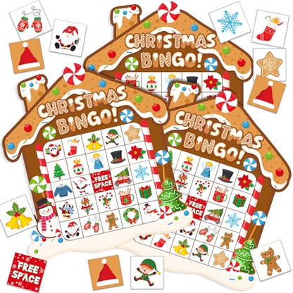 Blosssound Christmas Gingerbread Bingo Game – 24 Players Holiday Bingo Cards with Gingerbread House Theme, Winter Party Game for Family Classroom Activities Christmas Party Favors - style: Gingerbread