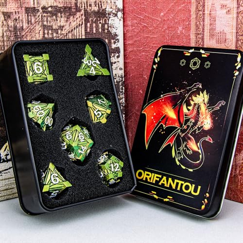 7PCS Metal DND Dice Set with Box, Debris RPG Green Yellow D and D Dice for use with D&D Tabletop Games Role Playing Game Polyhedral Dice Set D20 D12 D10 D8 D6 D4 - color: Green Yellow White