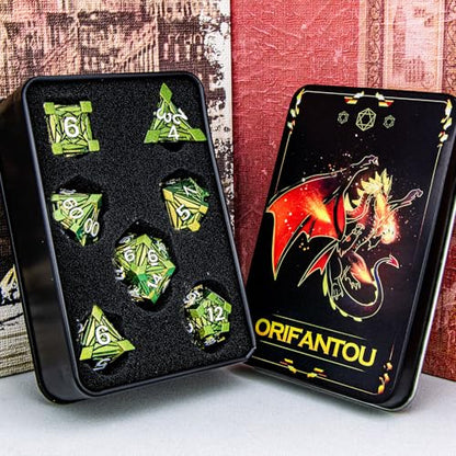 7PCS Metal DND Dice Set with Box, Debris RPG Green Yellow D and D Dice for use with D&D Tabletop Games Role Playing Game Polyhedral Dice Set D20 D12 D10 D8 D6 D4 - color: Green Yellow White