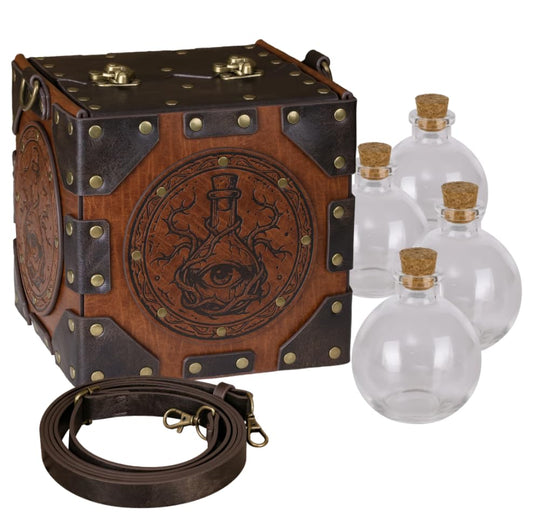 HiiFeuer Medieval Alchemist Crossbody Bag, Embossed Leather Riveted Potion Box with Bottles, Wizard Storage Box for Ren Faire(Brown A) - color: Brown A