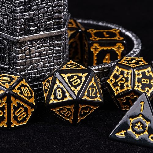 cusdie 7 Pcs 25mm Giant DND Dice with Dragon Eye Dice Bag, Polyhedral Dice Set, D&D Dice for Pathfinder RPG(Black) - color: Black Gold