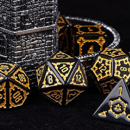 cusdie 7 Pcs 25mm Giant DND Dice with Dragon Eye Dice Bag, Polyhedral Dice Set, D&D Dice for Pathfinder RPG(Black) - color: Black Gold