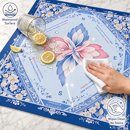 Mahjong Mat 31.5x31.5 Inch, Non-Slip Rubber 3mm American Mahjong Mat with Rules, Blossom Lotus Hand-Painted Look Noise Reducing Game Neoprene Mat for Table (Elegant Lotus) - color: Elegant Lotus