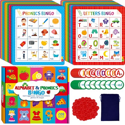 Alphabet & Phonics Bingo Game, 12 Bingo Boards ABC Letters, CVC Blends Words Phonetic Game, Letters Phonetic Awareness Early Educational Learning Toys - Ages 4 and up, Perfect for Classroom & At Home - style: Alphabet & Phonics Bingo Game