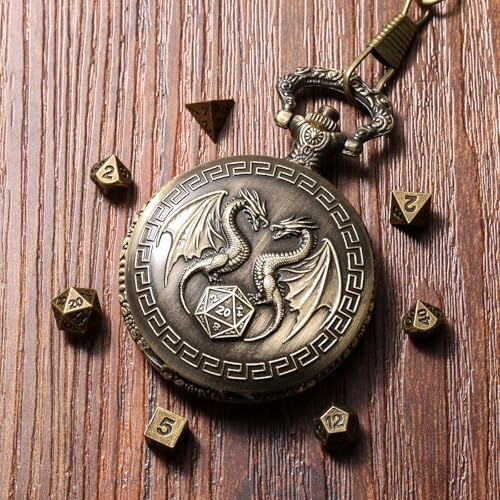 Mini DND Dice Set with Steampunk Double Dragon Pocket Watch Case, Tiny 7-Piece Polyhedral Metal D&D Dice, DND Gifts with Gift Box, Role Playing Game Board Game Accessories Dice, Bronze - color: Bronze