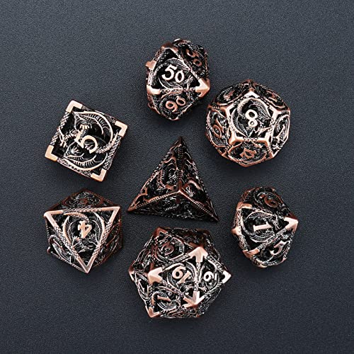 Hollow Metal DND Dice 7Pcs Set for Dungeons and Dragons RPG MTG | D&D Pathfinder Shadowrun and Math Teaching,Large D4,D6,D8,D10,D12,D20 freaky multi sided Dice Set D and D Dice with Gift Box - color: Red Copper