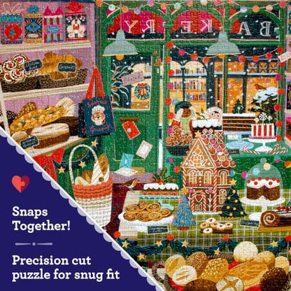 eeBoo Holiday Bakery 1000 Piece Square Jigsaw Puzzle, 23" x 23" | Double coated, sturdy & dust free pieces with a satisfying snap. Includes full color reference insert. Vibrant, original art - style: Holiday Bakery