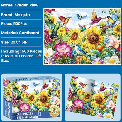 500 Pieces Puzzle for Adults - Summer Birds Garden Jigsaw Puzzle for Adults Teens,Recycled Cardboard Hummingbird Flowers Puzzle 500 Pieces,Challenging Game for Family Fun & Gift Idea,20.5 x 15 in - style: Birds Garden