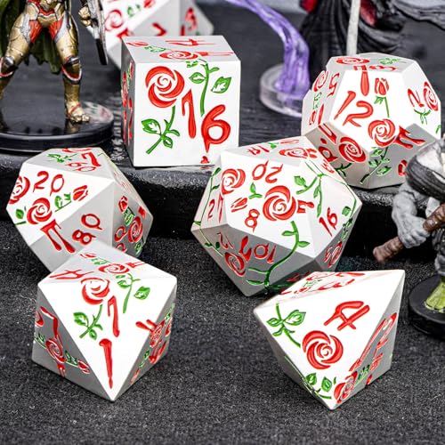 Gothic DND Dice Set Bleeding Rose Metal D and D Dice for use with Dungeons Dragons D&D Role Playing Game, Red RPG Polyhedral Dice Set D20 D12 D10 D8 D6 D4 - color: Red&silver&red Numbers