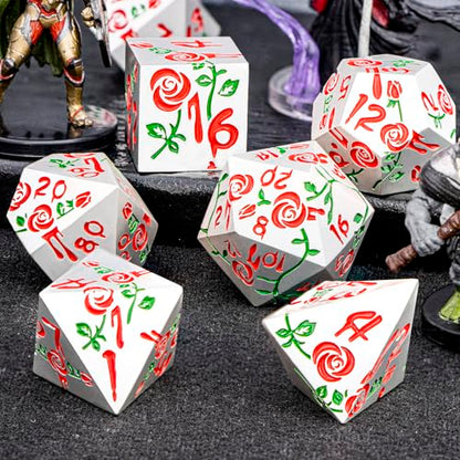 Gothic DND Dice Set Bleeding Rose Metal D and D Dice for use with Dungeons Dragons D&D Role Playing Game, Red RPG Polyhedral Dice Set D20 D12 D10 D8 D6 D4 - color: Red&silver&red Numbers