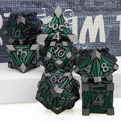 7PCS Metal DND Dice Set with Box, Debris RPG Green D and D Dice for use with D&D Tabletop Games Role Playing Game Polyhedral Dice Set D20 D12 D10 D8 D6 D4 - color: Black Green