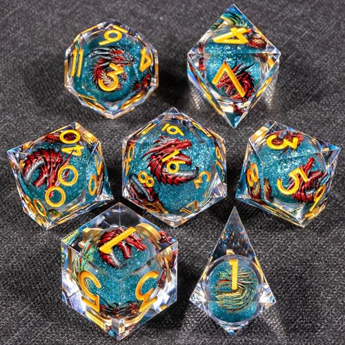 KERWELLSI Liquid Core Dragons Pattern Dice, Resin DND Dice Set with Gift Box, Blue and Gold Sharp Edged Dungeons D&D Dice, Role Playing Game Dice D20 D12 D10 D8 D6 D4 - color: Blue and Gold