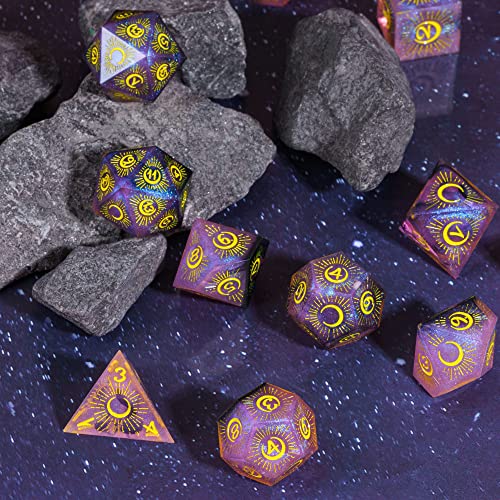 Cusdie Sharp Edges DND Dice, 7 PCs Moon Dice Set D&D Dice, Handcrafted Polyhedral Dice Set, for Role Playing Game (Moon/Purple Black) - color: Moon Pattern-purple Black