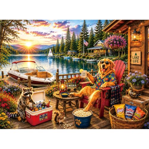 300 Piece Jigsaw Puzzle for Kids & Adults – Lake Life Scene with Golden Retriever, Boat, Cabin, Sunset Lake View & Outdoor Deck, Family Puzzle Gift for Boys Girls Ages 8+, 20.5 x 15 in - color: Lake Life
