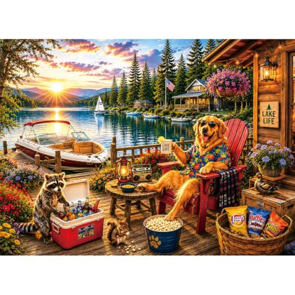 300 Piece Jigsaw Puzzle for Kids & Adults – Lake Life Scene with Golden Retriever, Boat, Cabin, Sunset Lake View & Outdoor Deck, Family Puzzle Gift for Boys Girls Ages 8+, 20.5 x 15 in - color: Lake Life