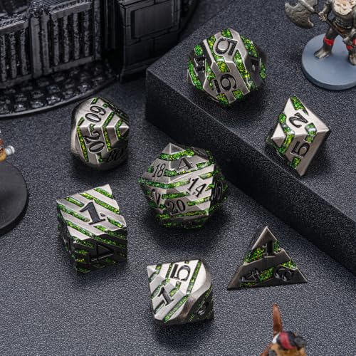 DND Dice Set Dungeons and Dragons Dice d20 Metallic Stripes Dice with Gift Case, Polyhedral Dice Sets for Tabletop Games D&D Dice MTG Pathfinder Role Playing Game, Antique Nickel Bright Green - color: Antique Nickel Bright Green