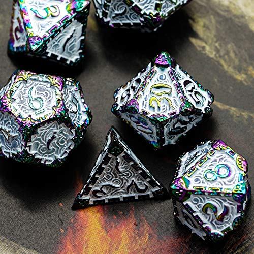 Cusdie 7 Pcs Metal DND Dice with Metal Box, Dagger Design Polyhedral Dice Set, for Role Playing Game D&D Dice (Colorful White) - color: Colorful White
