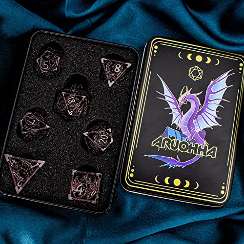 ARUOHHA Hollow DND Metal Dice Set Black Red Dragons D and D Dice, RPG Role Playing Games Dungeons Polyhedral Dice with Gift Box D20 D12 D10 D8 D6 D4 - color: Black Red