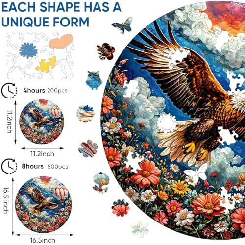 Reouinty Flower Eagle Wooden Adult Puzzle 200 Pieces, Beautiful Jigsaw Wooden Puzzle, Wood Puzzle with Box, Creative Gifts for Family Game 11.2x11.2 in - color: Flower Eagle, size: 200pcs