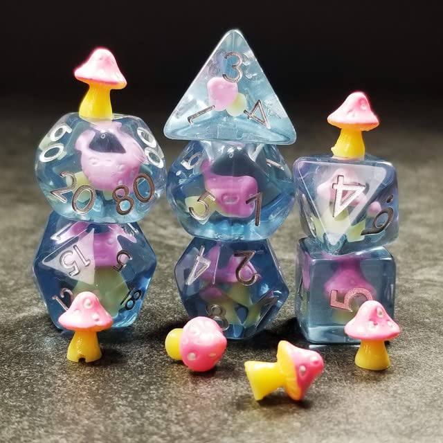 Sage's Portal Familiars and Reagents Resin DND Dice Set Polyhedral Dice Set for Dungeons and Dragons RPG Tabletop TTRPG (Pink Magic Shrooms) - color: Pink Magic Shrooms