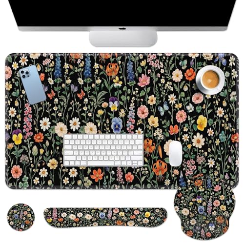 Britimes Black Florals Keyboard Mouse Pad Set Colorful Wildflowers 4in1 Large Mousepad+Keyboard Wrist Rest+Mouse Wrist Rest+Coaster Ergonomic Design for Home Office Computer 35.4x15.7 inches - color: Pink Floral