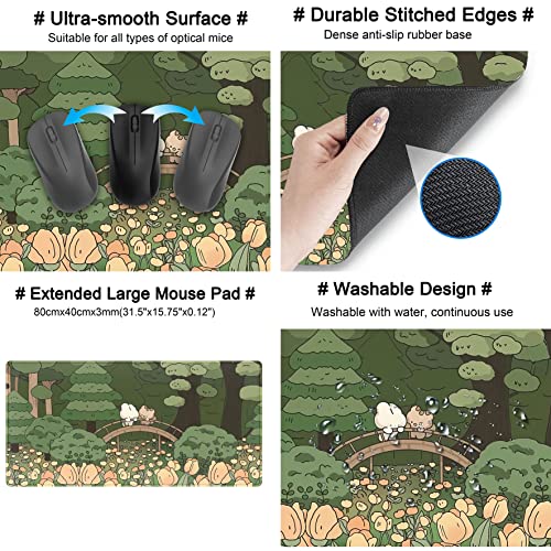 Anime Forest Desk Mat,Cute Green Mouse Pad,Kawaii Aesthetic Full Desktop Pad XXL Gaming Mousemat XL, Extended Korean Animals Bear Bunny Keyboard Mat Large 31.5x15.7 Inch Non-Slip&Stitched Edges - color: A Orange Flowers