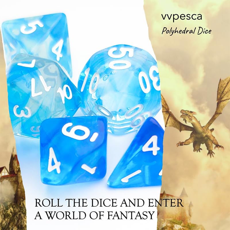 Blue DND 주사위 7개 세트 (클리어 블루-화이트) | D&D, 던전 앤 드래곤, CoC, MTG, TTRPGs 게임 액세서리용 투명 다면체 주사위 세트 - D20 시스템 게임 - color: 투명 블루 & 화이트