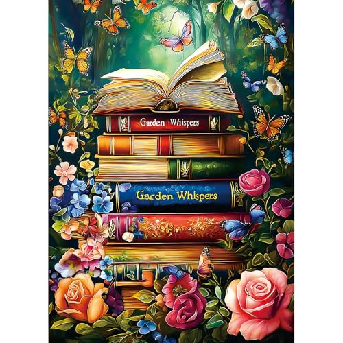 MINIWAN 1000 Piece Magical Garden Whispers Stacked Books Jigsaw Puzzle | 27.5"x19.7", Butterfly Design, Letters on Back, Reference Poster Included, For Adults & Seniors - color: Garden Whispers Book Stack