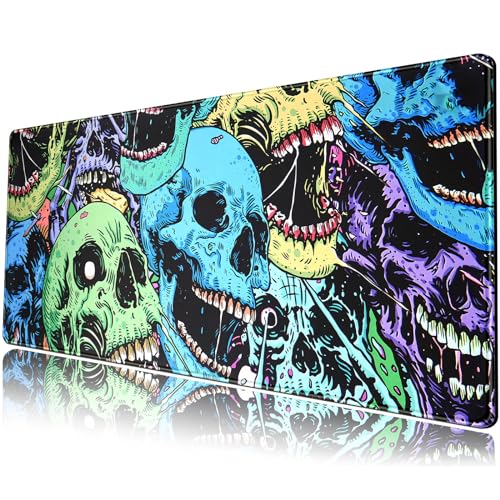 Colorful Skulls Desk Mat Large Gaming Mouse Pad XL Extended Mousepad Desk Pad Big Keyboard Pad Desktop Mouse Mat 31.5''x11.8'' Deskmat for Gamers with Stitched Edges Non-Slip Rubber Base - color: Colorful Skulls