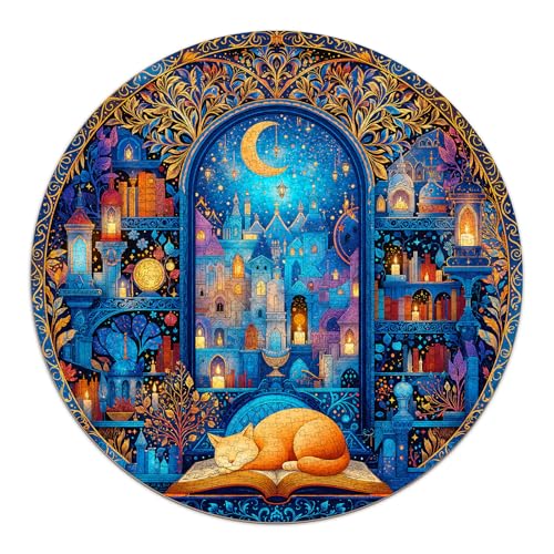 Cat Puzzles for Adults 1000 Pieces (26.5 * 26.5in) | Round Watercolor Jigsaw, Letters on Back, Impossible Difficult Challenging Puzzles, Art Puzzle for Home Decor - color: Bookshelf Cat