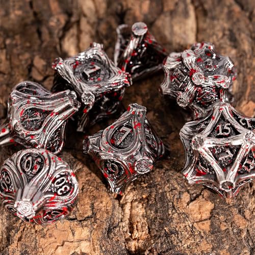 Metal DND Dice 7PCS Metal Dice Set Bloodstained for Tabletop Games | Leather Storage Bag, DM Gift, for Dungeons and Dragons Role Playing Games - color: Metal Tree-blood
