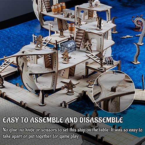 CZYY DND Ship Miniature, 3-Level Wooden Naval Battle Terrain Map | Build Boarding, Pirate & Sea-Monster Encounters, Approx. 23.4 in Long, 1 in Grid, For D&D, Pathfinder & Tabletop RPG