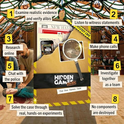 Hidden Games Crime Scene – The New Haven Case – Murder Mystery Game | A murder at a folk festival shakes the town of New Haven. Cold case file, real evidence, audio & web. 1-6 players, age 14+