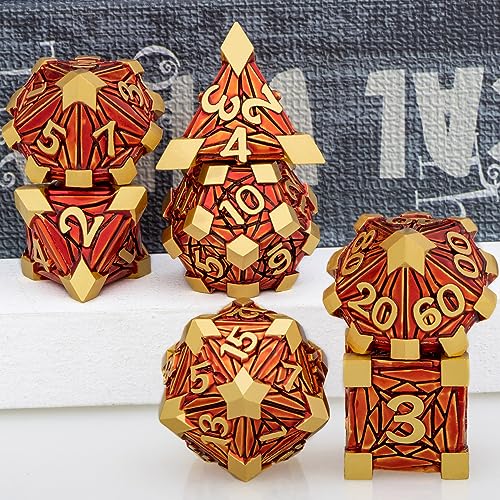 Metal DND Dice Set Golden Red Debris RPG D and D Dice for use with D&D Tabletop Games Role Playing Game Polyhedral Dice Set with Box D20 D12 D10 D8 D6 D4 - color: Red Gold