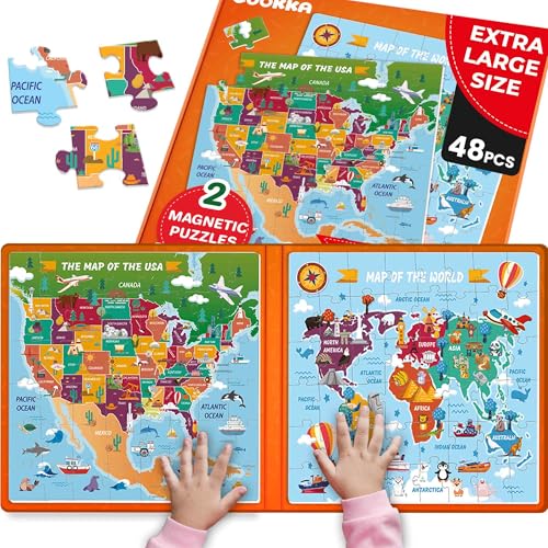 QUOKKA Magnetic Puzzles for Toddlers 3-5 – 2x48 Pieces Travel Games – USA & World Map Learning Magnetic Puzzles for Kids Ages 4-8 – Educational United States Puzzle Gift Toy for Boys and Girls - color: 3. 48 Pcs Maps