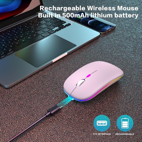 AIKOKOK Wireless Bluetooth Mouse, Rechargeable Dual Mode Mouse, Pink | BT 5.2 & 2.4G USB Receiver, 3 Adjustable DPI,LED Lights,Slim,Silent,Portable Computer Mouse for Laptop,PC,MacBook,iPad,Tablet - color: Pink