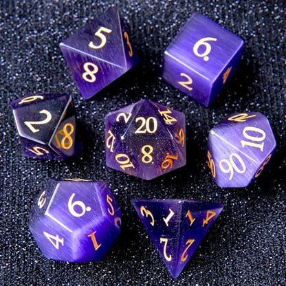 Dark Purple Cat's Eye Crystal DND Dice Set 7 PCS Gemstone Suitable for Dungeons and Dragons D & D RPG Games - color: Dark Purple Cat Eye