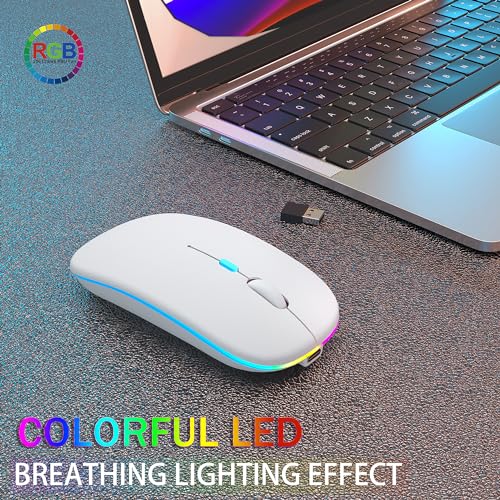 AIKOKOK Wireless Bluetooth Mouse, Rechargeable Dual Mode Mouse, White | BT 5.2 & 2.4G USB Receiver, 3 Adjustable DPI,LED Lights,Slim,Silent,Portable Computer Mouse for Laptop,PC,MacBook,iPad,Tablet - color: White