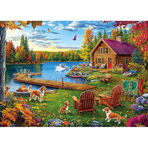 Autumn Lake House 1000 Piece Jigsaw Puzzle for Adults - Rustic Log Cabin, Dock & Fall Foliage Scenery with Dogs - Fun Landscape Challenging Gift for Game Night 27x20 Inches - color: Colorful Lake House