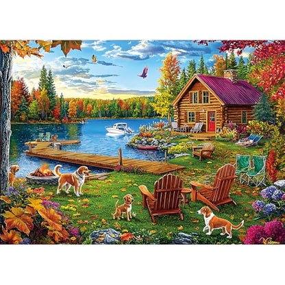 Autumn Lake House 1000 Piece Jigsaw Puzzle for Adults - Rustic Log Cabin, Dock & Fall Foliage Scenery with Dogs - Fun Landscape Challenging Gift for Game Night 27x20 Inches - color: Colorful Lake House