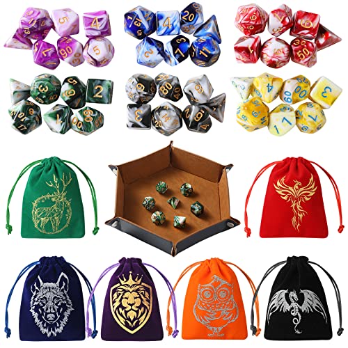 Grajar DND Dice Set, 42 Pcs Role Playing Dice Set with 6 Colorful Animal Pattern Dice Bag and PU Leather and Velvet dice Tray for Dungeons and Dragons D&D RPG MTG Table Games Mixed White - style: Animal-Mixed White