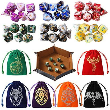 Grajar DND Dice Set, 42 Pcs Role Playing Dice Set with 6 Colorful Animal Pattern Dice Bag and PU Leather and Velvet dice Tray for Dungeons and Dragons D&D RPG MTG Table Games Mixed White - style: Animal-Mixed White