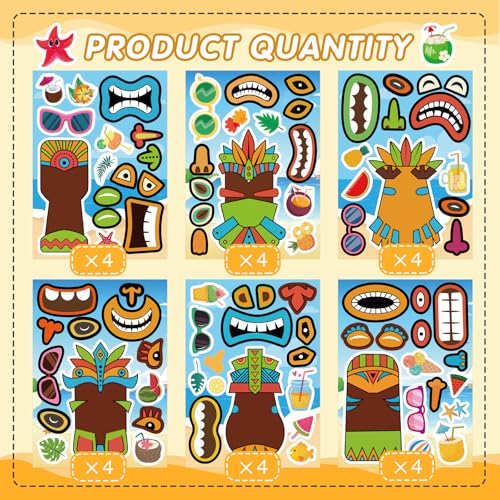 Summer Stickers, Make a Tiki Face Sticker, Tropical Hawaiian Stickers | 24 Sheets Make Your Own Tiki Sticker for Kids Summer Luau Party Favors Decoration - style: Tiki
