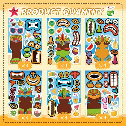 Summer Stickers, Make a Tiki Face Sticker, Tropical Hawaiian Stickers | 24 Sheets Make Your Own Tiki Sticker for Kids Summer Luau Party Favors Decoration - style: Tiki