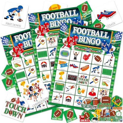 Lonfliness 39Pcs Football Bingo Game for Adults 24 Players American Football Bingo Game Cards with Reward Stickers for Family Friends Large Group Activities Sports Theme Birthday Party Favors - style: Football