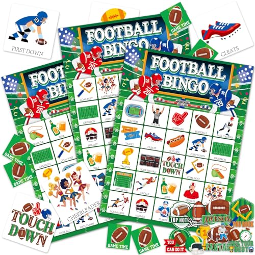 Lonfliness 39Pcs Football Bingo Game for Adults 24 Players American Football Bingo Game Cards with Reward Stickers for Family Friends Large Group Activities Sports Theme Birthday Party Favors - style: Football