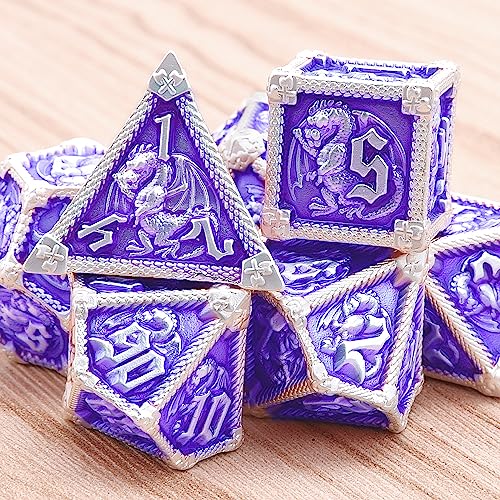 AUSTOR 7-Die Metal DND Dice Set Dungeons and Dragons Polyhedral Roll Playing Dice with Box D20 D12 D10 D% D8 D6 D4 for Pathfinder MTG RPG Board Games - color: Violet With Silver Edge