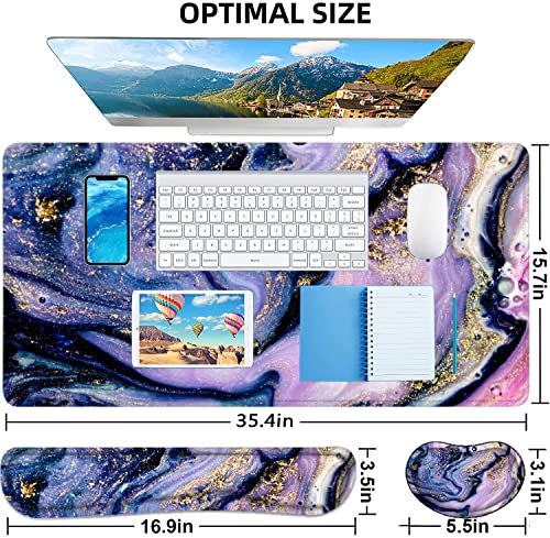 Large Mouse Pad with Wrist Rest, 4-in-1 Wrist Rest for Keyboard and Mouse | Non-Slip Waterproof Desk Mat Set, 35.4"x15.7" Desk Mat+Keyboard Wrist Rest+Mouse Wrist Support+Cup Coaster for Home Office - color: 4Pcs-Purple Marble