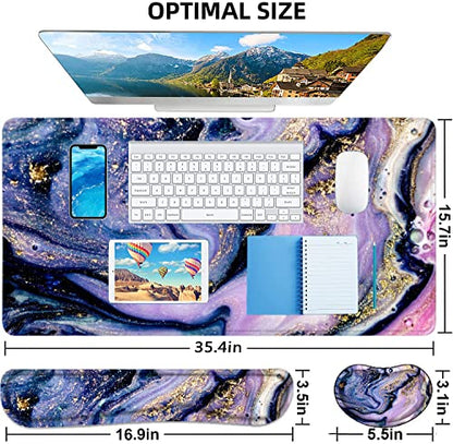 Large Mouse Pad with Wrist Rest, 4-in-1 Wrist Rest for Keyboard and Mouse | Non-Slip Waterproof Desk Mat Set, 35.4"x15.7" Desk Mat+Keyboard Wrist Rest+Mouse Wrist Support+Cup Coaster for Home Office - color: 4Pcs-Purple Marble